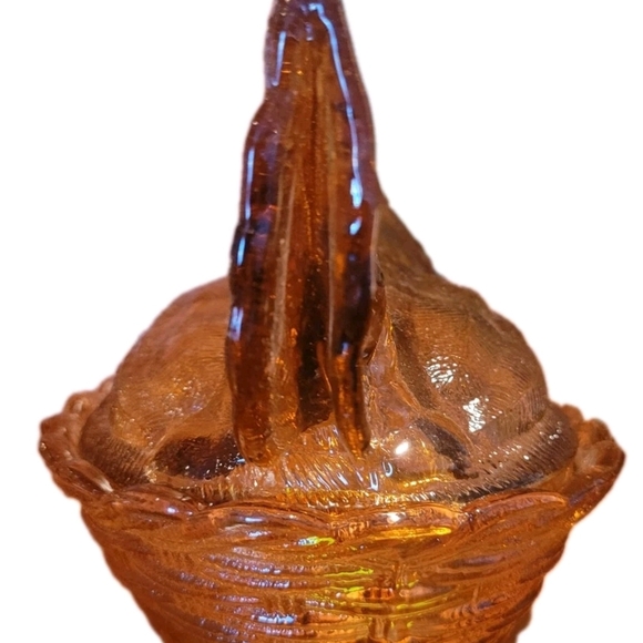 Hen On A Nest Amber Orange Glass Candy Dish 6 Inch Vintage Collectible - Picture 3 of 9